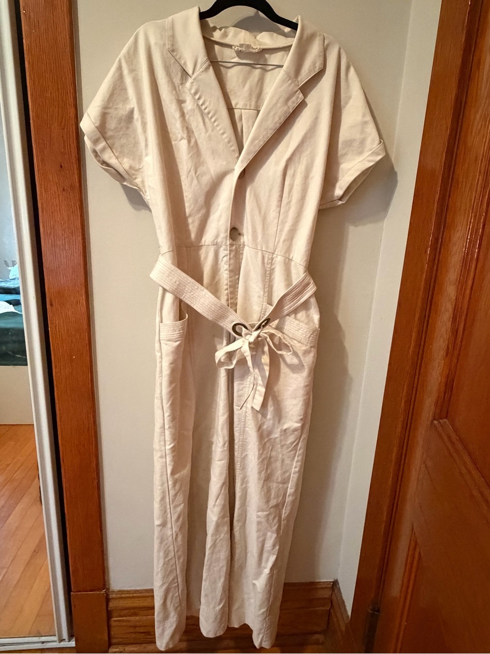 Anthropologie Cream Short-Sleeve Utility Jumpsuit with Tie Belt